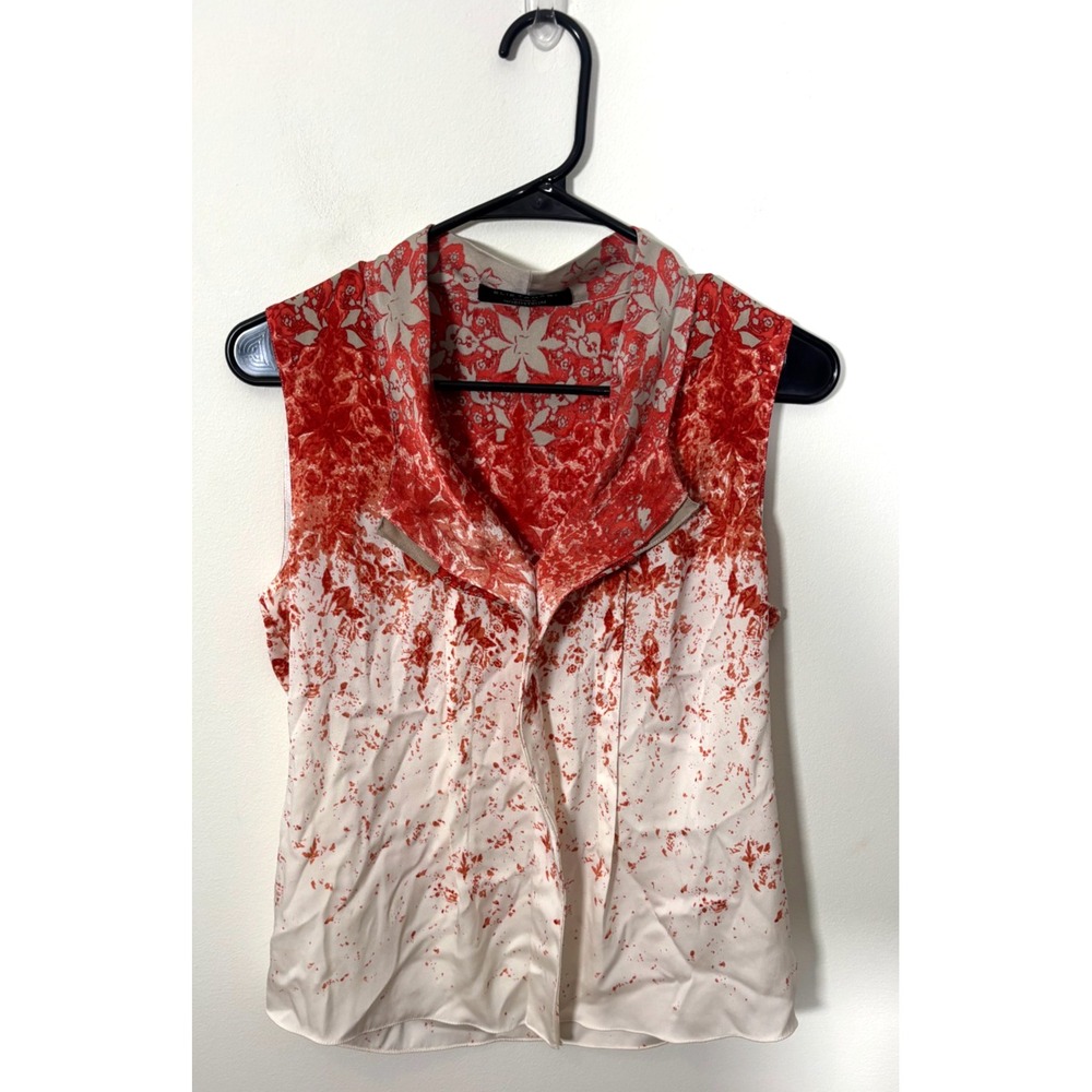 Elie Tahari Women's Tank Blouse Red White Gray Silk Size Small